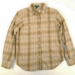 Lauren Ralph Lauren Collared Knit Shirt Button Up Women M Pocket Tan LRL Plaid